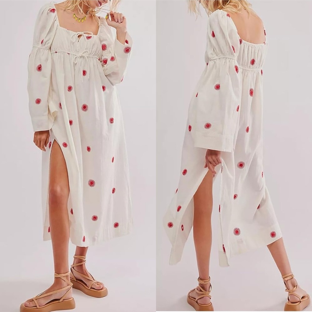 FREE PEOPLE Emory Embroidered Cotton Linen Sun Midi Dress NWOT Size XL